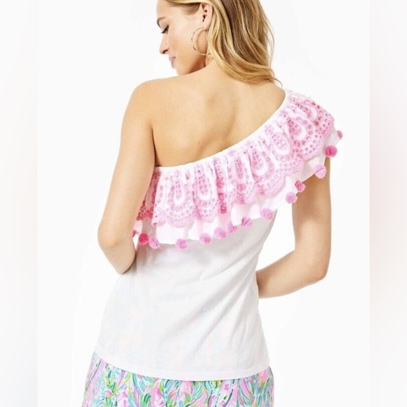 Lilly Pulitzer Idara Resort White Pink Pom Pon One Shoulder Top Ruffle XL - Picture 6 of 7